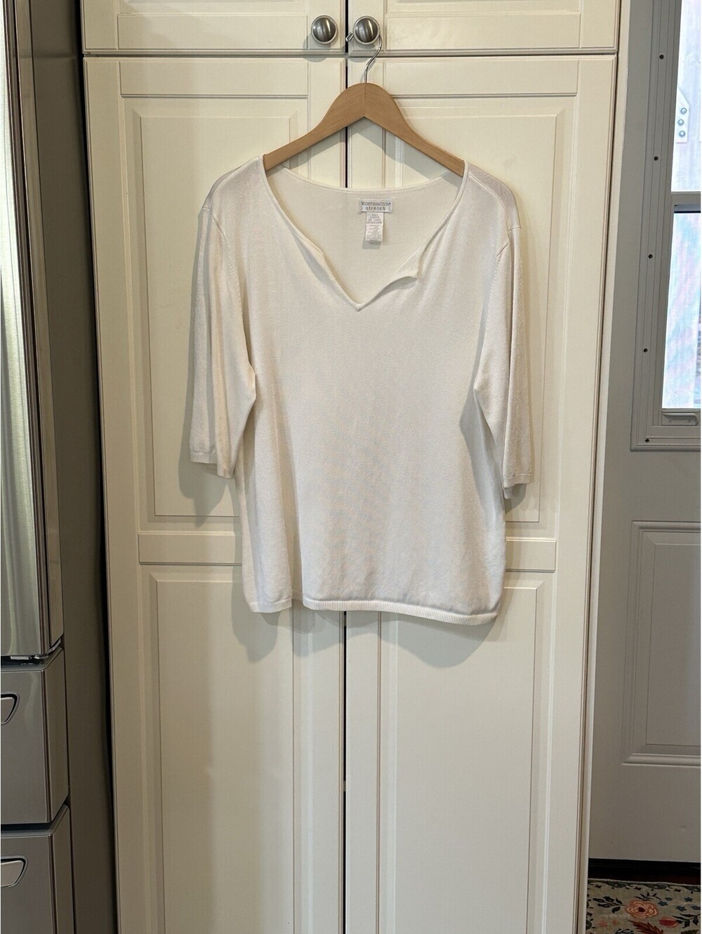 Worthington Stretch Women's Ivory Short-Sleeve Top Split Neck Size XXL